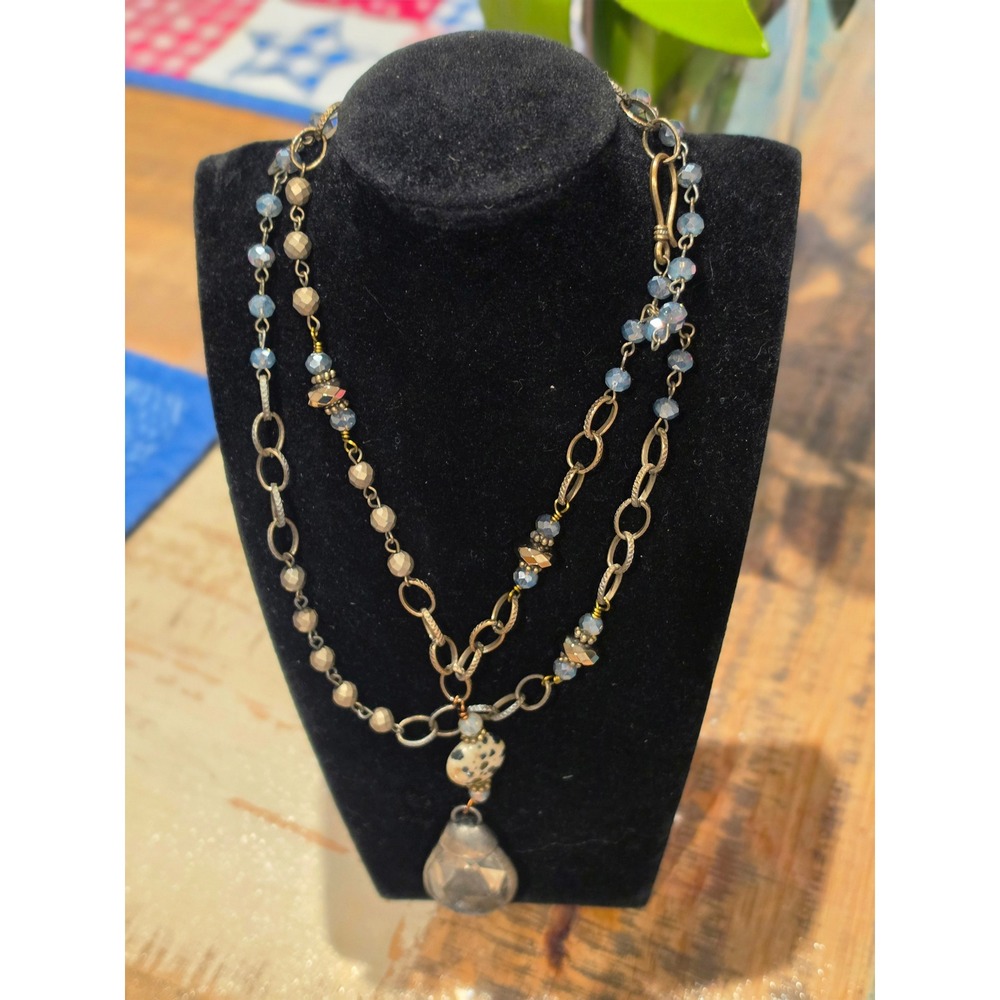 LIA SOPHIA  Layered Necklace‎ Brass Dalmatian Jasper Glass Teardrop Pendant